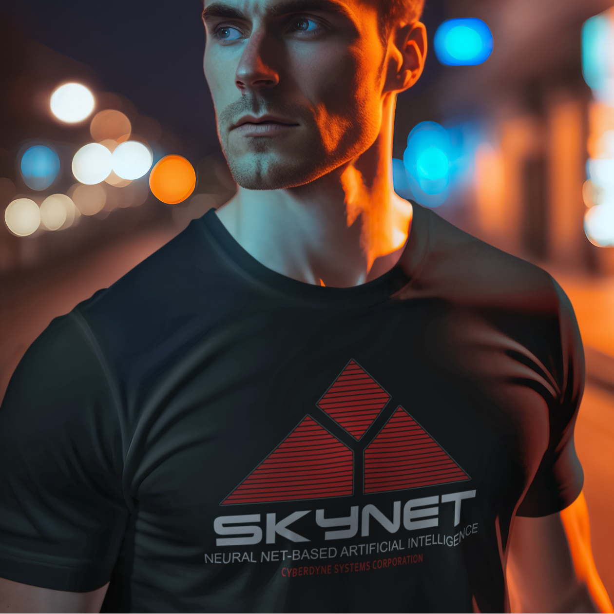 A man wearing a black t-shirt with a red geometric logo and the text 'SKYNET' on the front, standing in a blurred nighttime urban street setting with warm orange and cool blue lights.